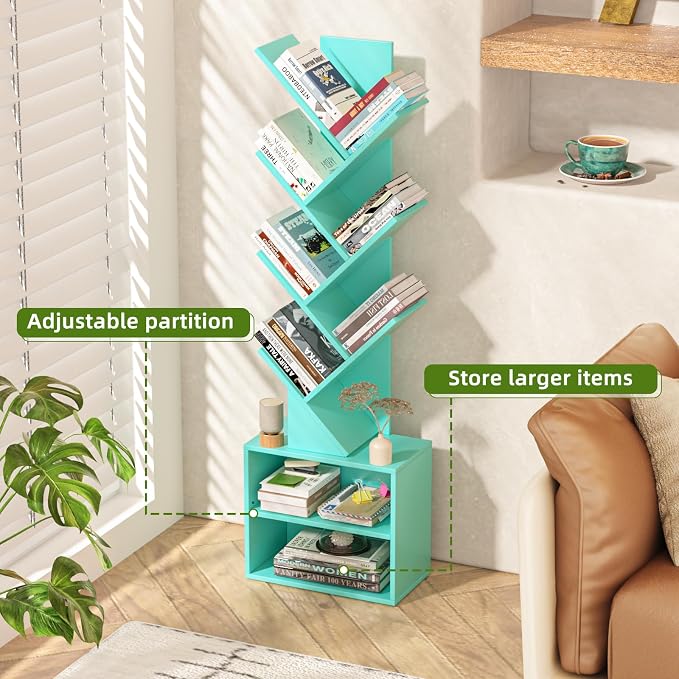 SHEEPAM 10 Tier Tree Bookshelf,Floor Standing Wood Tall Bookcase for Narrow Space, Storage Organizer Bookshelves for Books, Book Case for CDs/Movies/Books,Home Office,Living Room, Bedroom