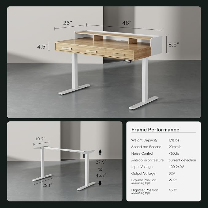 ModernMate Electric Standing Desk with 3 Drawers & Monitor Shelf, 48" Height Adjustable Sit Stand Desk with Storage, Home Office Computer Workstations for Small Space, Light Walnut