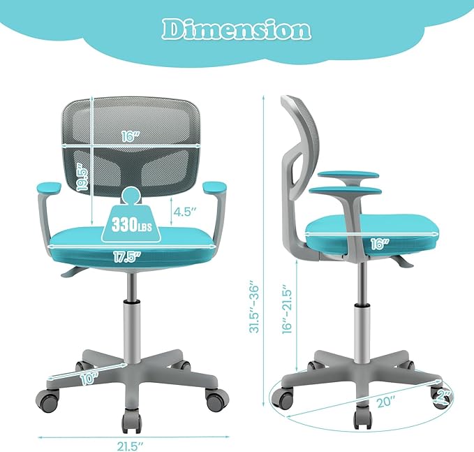 Giantex Kids Desk Chair, Ergonomic Adjustable Teen Task Chair w/Y-Shaped Lumbar Support, Armrest & Universal Wheels, Mesh Kid Office Chair for Sturdy, Kids Computer Chair for Boy Girl 4-12, Turquoise