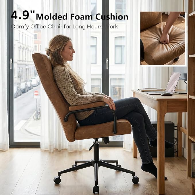 GXJ Brown Office Chair with Memory Foam Seat | 4.9'' Memory Foam Seat and 4.7'' Comfortable Backrest, High Back Leather Executive Chair with Wheels and Arms for Women