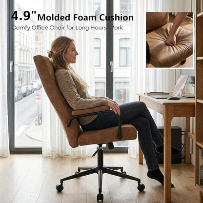 GXJ Brown Office Chair with Memory Foam Seat | 4.9'' Memory Foam Seat and 4.7'' Comfortable Backrest, High Back Leather Executive Chair with Wheels and Arms for Women