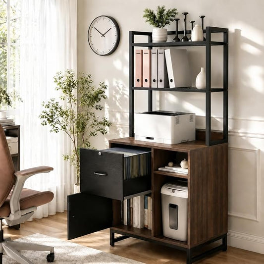Homieasy Vertical Filing Cabinet with Lock & Charging Station, Large Drawer Wood File Cabinet with Bookshelf, Printer Stand with Open Storage Shelf, fits Letter Size for Home Office, Black and Walnut