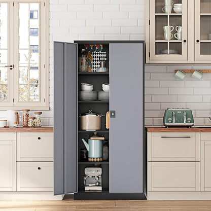 Fesbos 71” Tall Metal Storage Cabinet- Steel File Cabinets with Lockable Doors and Adjustable Shelves-Black&Gray Steel Storage Cabinet for Home,Kitchen, School, Office, Garage