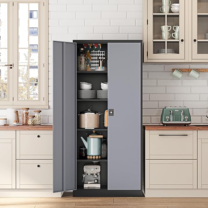 Fesbos Metal Storage Cabinet-72” Tall Steel File Cabinets with Lockable Doors and Adjustable Shelves-Black&Gray Steel Storage Cabinet for Kitchen, Office, Garage