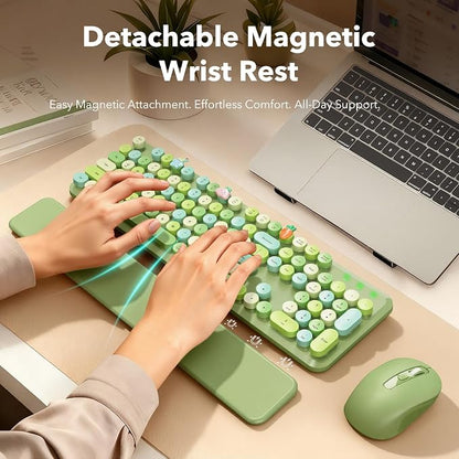 Wireless Keyboard and Mouse Combo, Cute Retro Typewriter Keyboard with Round Keycaps and Magnetic Wrist Rest, Full-Size 2.4GHz Cordless for Mac, Windows PC, Laptop, SABLUTE CK23, Green Multi-Color