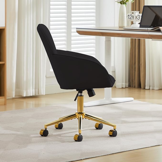YITAI Velvet Office Desk Chair with Wheels and Gold Base,Modern Height Adjustable 360 Degree Swivel Upholstered Vanity Chairs with Arms for Living Room Bedroom, Study,Black