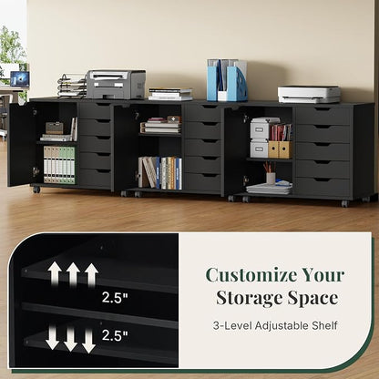 5-Drawer Mobile File Cabinet, Office Organizer with Door Black | Office Storage with Door and Adjustable Shelf Lockable Casters, Wood Printer Stand for Home Office, Living Room, Entryway
