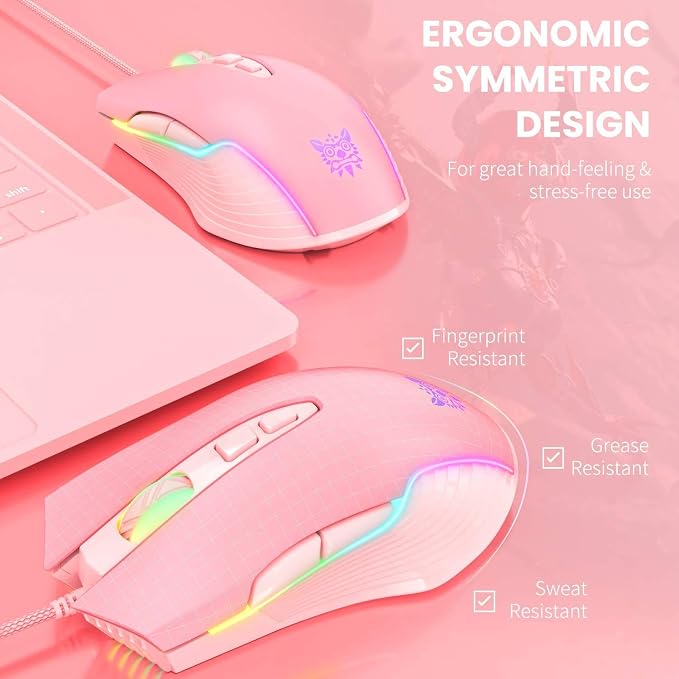 RGB Gaming Mouse Wired, USB Optical Computer Mice with RGB Backlit, 6 Adjustable DPI Up to 6400, Ergonomic Gamer Laptop PC Mouse with 7 Programmable Buttons for Windows Vista Linux (Pink)