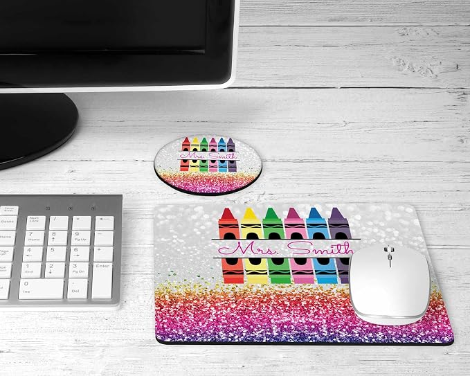 Personalized Teacher Mousepad and Coaster Desk Set Gift for Teachers Appreciation Back to School Classroom Decor Custom Handmade by The Painted Pug (Rainbow Crayon)