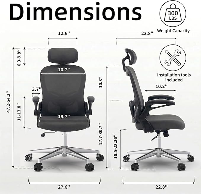 Office Chair, Ergonomic Breathable Mesh,Flip-Up Arms and Adjustable High Back Lumbar Support,Comfy Computer Chair for Home Office (Black, 407)