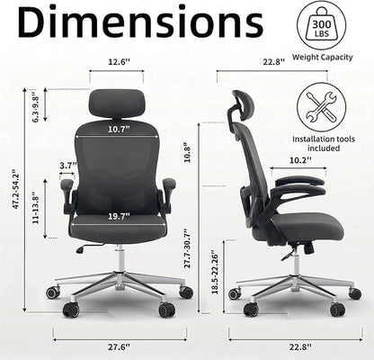 Office Chair, Ergonomic Breathable Mesh,Flip-Up Arms and Adjustable High Back Lumbar Support,Comfy Computer Chair for Home Office (Black, 407)