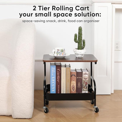 Rolling Printer Stand with Wheels 2 Tier Under Desk Printer Table with Storage, Mobile Small Short Rolling Cart for Home Office Pantry Organization, Black