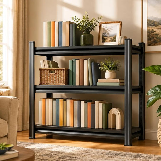 Modern Metal Book Shelf, Heavy Duty Black Bookshelf, Bolt-Free Deep Bookcase for CDs Movies Garage Kit, Adjustable Bookshelf in Living Room, Bedroom, Kitchen, Office, 32" W x14 D x32 H