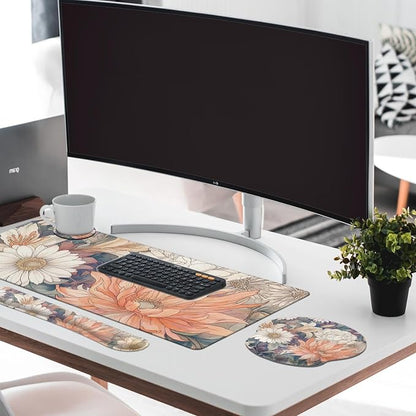 Britimes Boho Aesthetic Flower Keyboard Mouse Pad Set Orange White Florals 4in1 Large Mousepad+Keyboard Wrist Rest+Mouse Wrist Rest+Coaster Ergonomic Design for Home Office Computer 35.4x15.7 inches