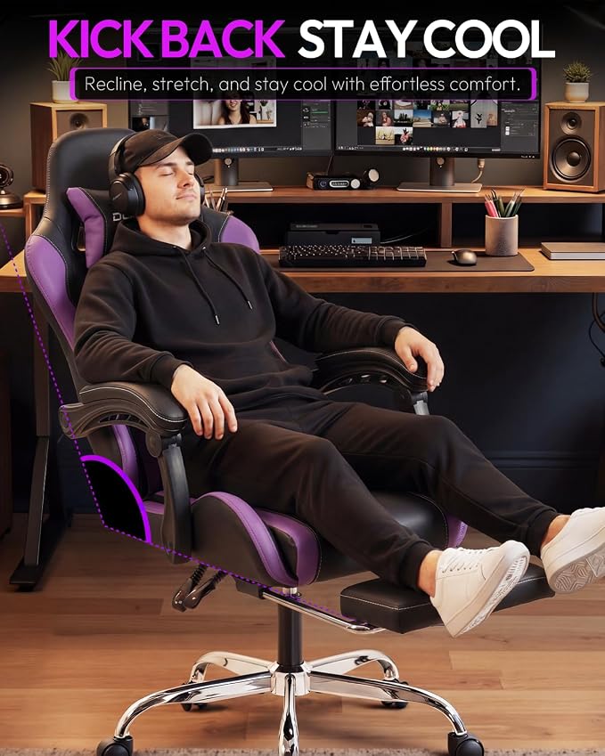Dowinx Ergonomic Gaming Chair with Footrest & Massage Lumbar, 2D-Linkage Armrests for Computer Chair 330lbs with Headrest Pillow for Office, Home, Streaming and Long Gaming Sessions, Fabric Purple