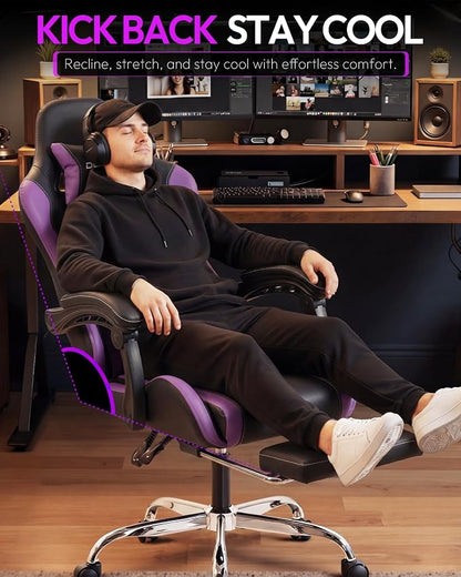 Dowinx Ergonomic Gaming Chair with Footrest & Massage Lumbar, 2D-Linkage Armrests for Computer Chair 330lbs with Headrest Pillow for Office, Home, Streaming and Long Gaming Sessions, Fabric Purple