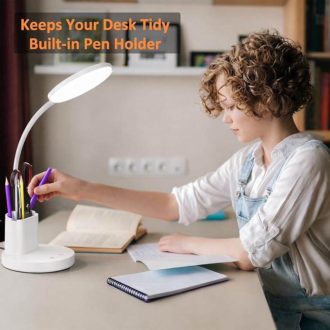 Desk Lamp, LED Desk Lamps for Home Office, Touch Table Lamp with 3 Color Modes 360° Adjustable Arm, Dimmable Desk Light with Pen Phone Holder for College Dorm, White
