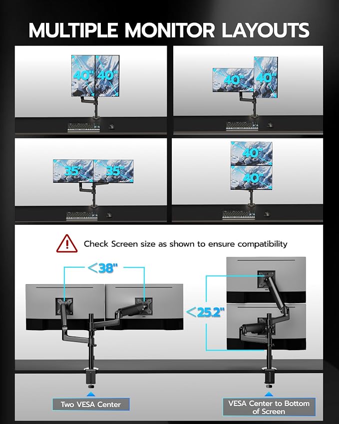 ARES WING Dual Monitor Mount - Ultrawide Monitor Arm for 40 34 32 27 Inch Heavy Duty Curved Screen Up to 26.4 lbs with Clamp/Grommet Desk Mount, 75/100 Vesa Mount, Black