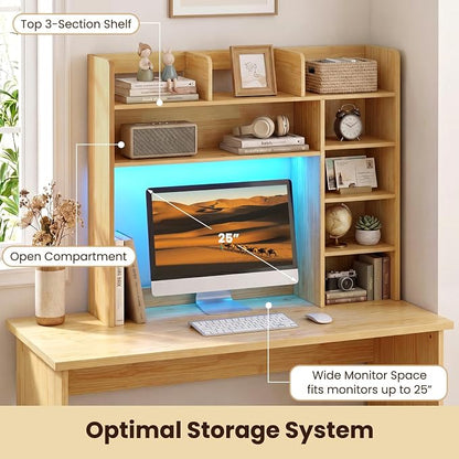 LDAILY Desktop Bookshelf with LED Lights, 35.5’’ Wooden Desk Shelf with 8 Cubes & 3 Adjustable Storage Shelves, 5-Tier Desk Hutch for Dorm College Office Computer Monitor Up to 25’’(Burlywood)