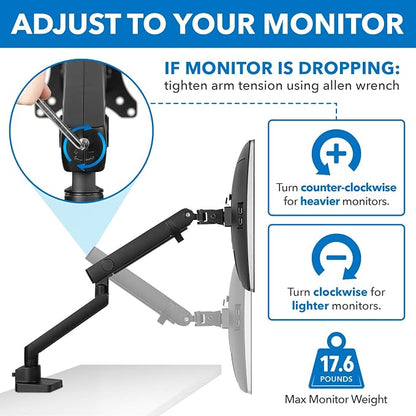 Mount-It! Single Monitor Arm Desk Mount for 24-32 Inch Computer Monitor, Full Motion Aluminum Mount, VESA 75x75 100x100, Holds up to 17.6 lbs, Cable Management, C-Clamp and Grommet Base, Black