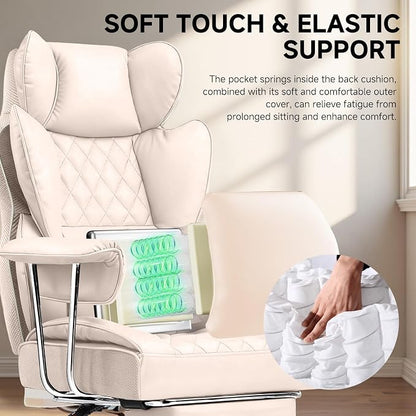 COMHOMA Big and Tall Office Chair, High Back Leather Gaming Chair with Footrest, Executive Ergonomic Office Chairs with Pocket Spring Lumbar Support and with Outward Fixed Soft Armrests