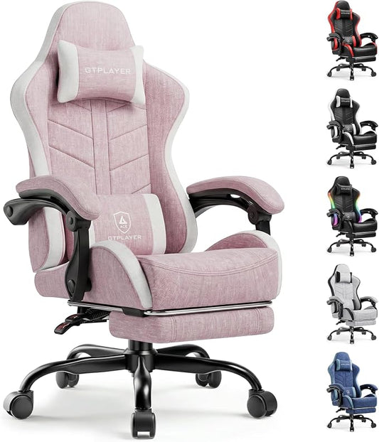 GTPLAYER Gaming Chair with Footrest, Computer Gaming Chair for Adults, Height Adjustable Gamer Chair with 90-155° Recline & Removable Headrest Lumbar Support,Linen Fabric Pink