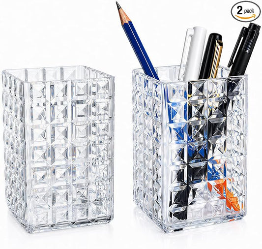 Lebenrich Acrylic Pen Holder Pencil Cup for Desk, 2 Pack Clear Makeup Brush Holder for Vanity, Cute Desk Organizer Office Supplies Accessories Container for Marker Bookmark Straw Coffee Stirrer