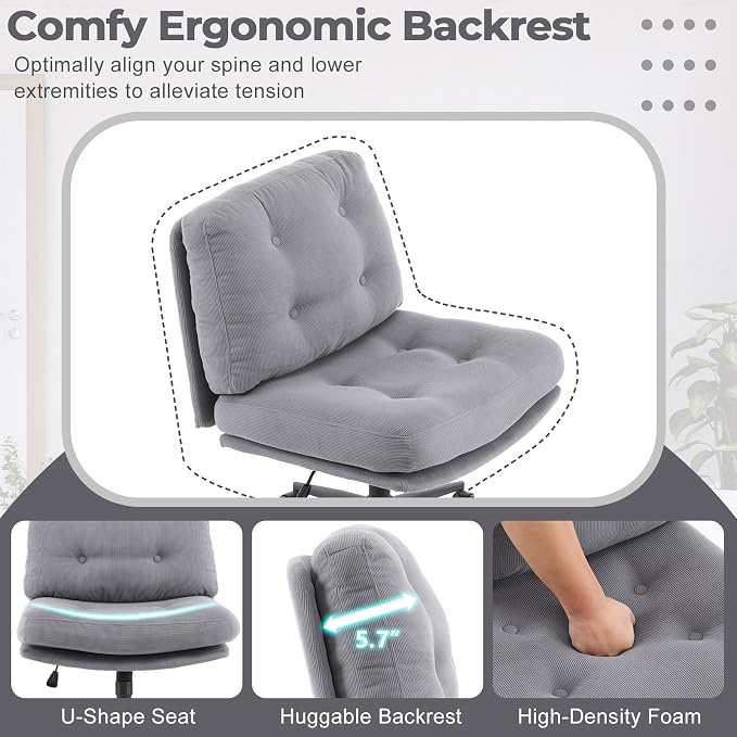 VINGLI Criss Cross Cloud Seat,Comfy Corduroy Cross Legged Office Desk Chair with/no Wheels,Cute Vanity Stool, Adjustable Wide Seat,Modern Swivel Perch for Study, Make Up, Home Office，Grey