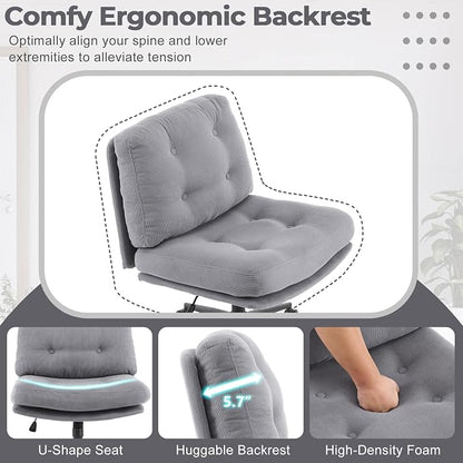 VINGLI Criss Cross Cloud Seat,Comfy Corduroy Cross Legged Office Desk Chair with/no Wheels,Cute Vanity Stool, Adjustable Wide Seat,Modern Swivel Perch for Study, Make Up, Home Office，Grey