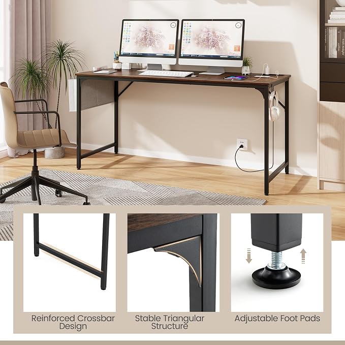 COSTWAY Home Office Desk, 32 Inch Computer Desk with Recessed Power Strip, Storage Bag & Headphone Hook, Wide Desktop, Modern Computer Workstation Writing Table for Home, Office (Rustic Brown + Black)