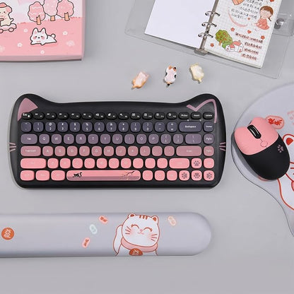 Cute Cat 2.4G USB Wireless Keyboard and Mouse Combo, Silent Keys, Candy Colors, Compatible with Notebook, PC (BlackPink-84Keys)