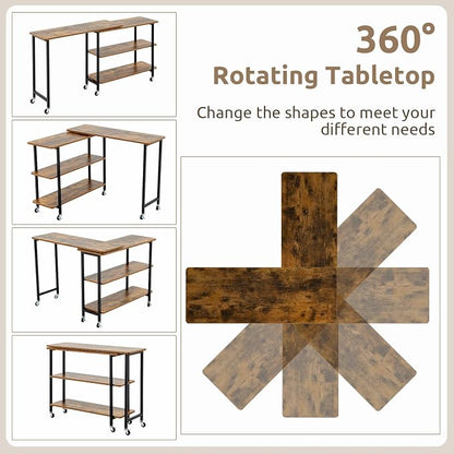 Tangkula 360° Rotating Sofa Side Table, Patented Mobile End Table with 2-Tier Storage Shelves, Swivel Rolling Desk with 6 Lockable Wheels, Metal Frame, Movable Laptop Table Couch Snack Table for Home