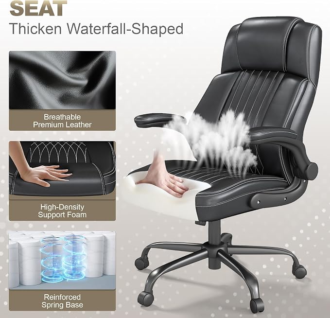 Ergonomic Executive Office Chair, High Back PU Leather Computer Desk Chair with Flip-Up Armrests, Lumbar Support, Adjustable Height and Rocking Function, Black