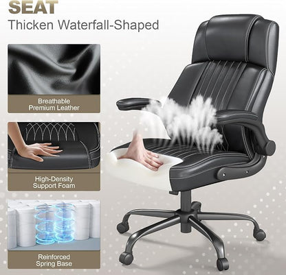 Ergonomic Executive Office Chair, High Back PU Leather Computer Desk Chair with Flip-Up Armrests, Lumbar Support, Adjustable Height and Rocking Function, Black