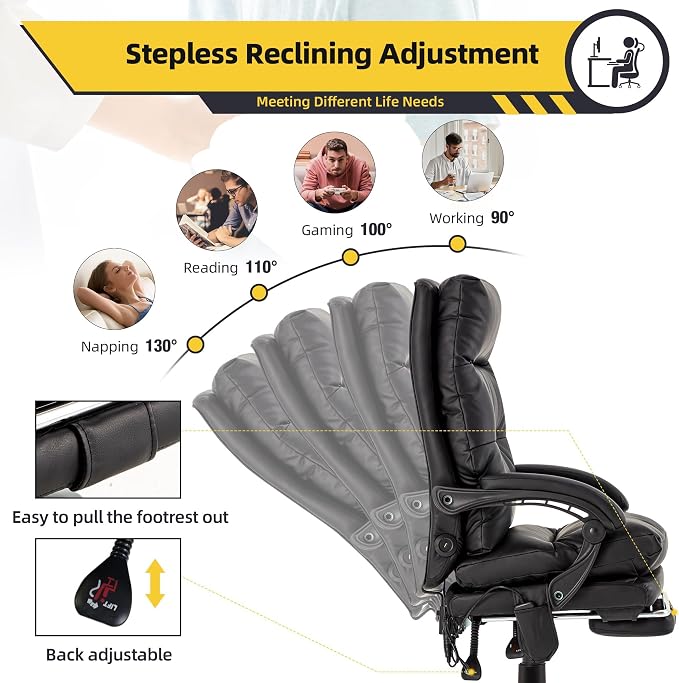 HOMREST Ergonomic Heated Reclining Office Chair, Black | USB Charging, 4-Point Vibration Massage, Adjustable Armrests & Footrest, Premium Leather