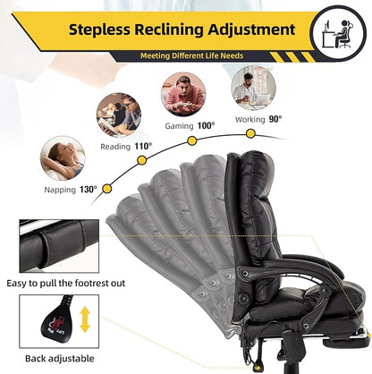 HOMREST Ergonomic Heated Reclining Office Chair, Black | USB Charging, 4-Point Vibration Massage, Adjustable Armrests & Footrest, Premium Leather