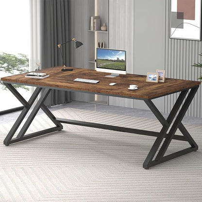 LVB 70.8" Computer Desk, Industrial Extra Long Wood Home Office Desk, Large Rustic Modern Metal Workstation Pc Study Writing table, Dual monitor Double Work Executive Desk for Two Person, Rustic Brown