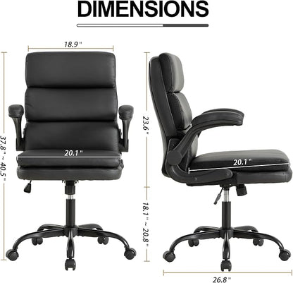 Mid Back Office Desk Chair,Leather Conference Room Chairs,Ergonomic Home Computer Chair,Modern Executive Chair with Padded Flip-up Armrest and Swivel Wheels (Black)