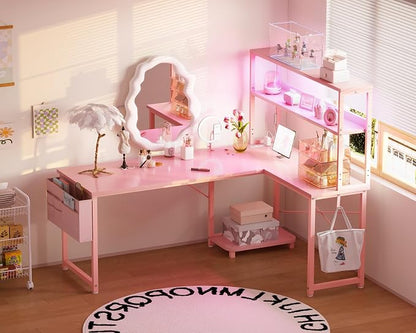 AODK L Shaped Desk Gaming Desk with LED Light & Power Outlet, 53 Inch Reversible L Shaped Computer Table with Shelf & Storage Bag & Hook for Home Office, Pink