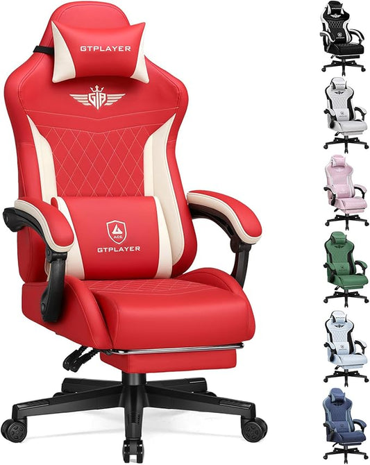 GTPLAYER Gaming Chair with Footrest, Big and Tall Game Chair High Back Computer Office Chair with Lumbar Support for Adults, Ergonomic Swivel Games Chair with Cushion Gaming, Leather Red