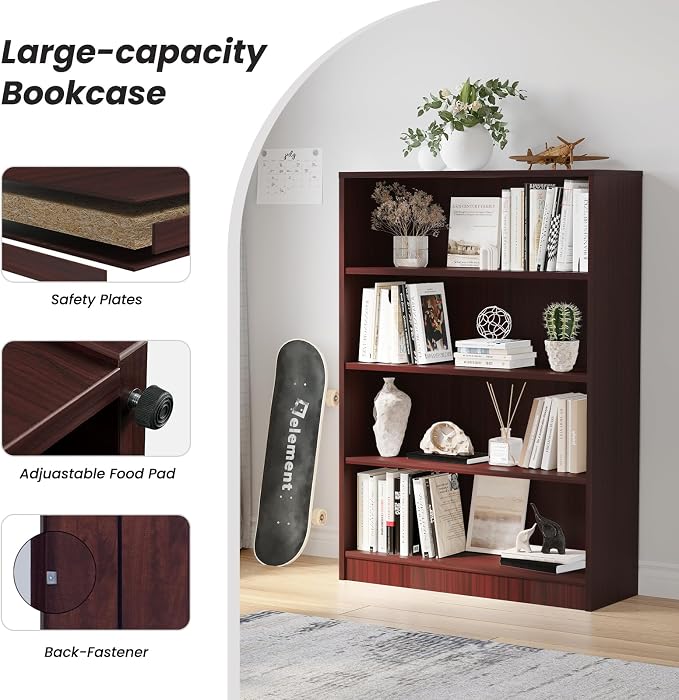Farini 48 Inch Tall Bookcase,4 Shelf Bookshelves,Adjustable Bookshelf for Home Office,Mahogany