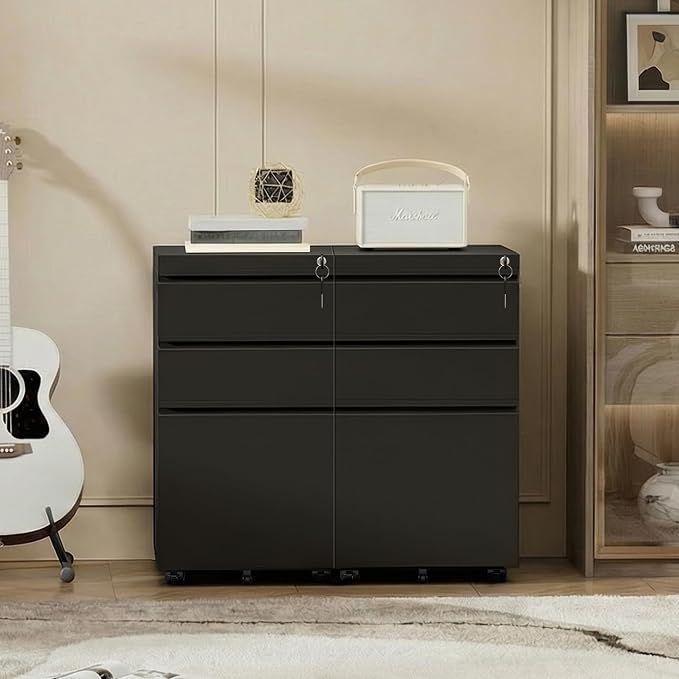 Bonusall 【Fully Assembled】 3 Drawer File Cabinet with Lock, Small Under Desk Filing Cabinet for Home Office, Fully Assembled Metal Rolling Storage Fits A4/Letter/Legal, Black