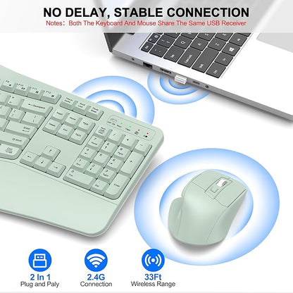 Wireless Keyboard and Mouse Combo, 2.4G Full Size Wave Keys Ergonomic Keyboard with Wrist Rest and 3-Level DPI Adjustable Wireless Ergonomic Mouse for Windows, Mac OS Desktop/Laptop/PC(Avocado Green)