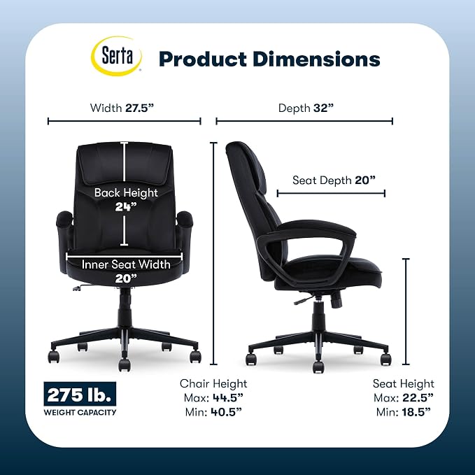 Serta Comfort Classic Executive Office Chair, Ergonomic Mid-Back Computer DeskChair with Lumbar Support, Semi-Plush Cushion and Body Pillows, Padded Armrests, Swivel Base, Black Velvet Fabric