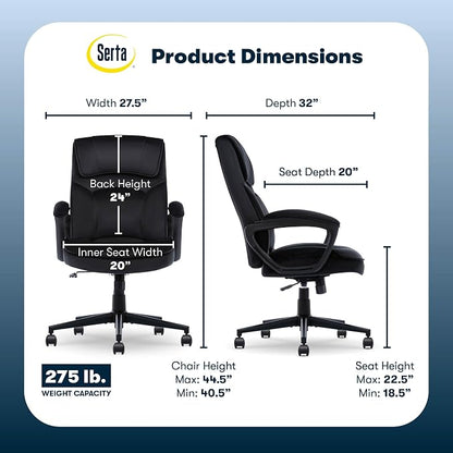Serta Comfort Classic Executive Office Chair, Ergonomic Mid-Back Computer DeskChair with Lumbar Support, Semi-Plush Cushion and Body Pillows, Padded Armrests, Swivel Base, Black Velvet Fabric