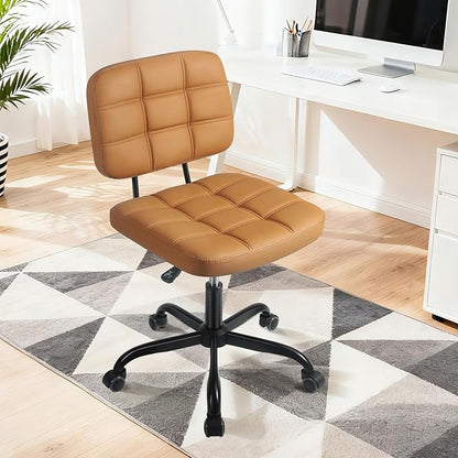 Armless Home Office Desk Chair - Small Swivel Office Desk Chairs with Rolling Wheels - Height Adjustable PU Leather Computer Chair with Comfy Low Back - For Small Space, Bedroom, Home, Vanity- Brown