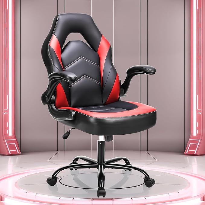 NEWBULIG Gaming Office Computer Chair – Ergonomic Mid-Back with Flip-Up Armrests, Adjustable Height, Lumbar Support & 360° Silent Swivel Wheels, PU Leather for Home/Office, Red