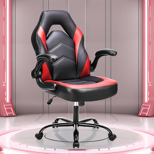 NEWBULIG Gaming Office Computer Chair – Ergonomic Mid-Back with Flip-Up Armrests, Adjustable Height, Lumbar Support & 360° Silent Swivel Wheels, PU Leather for Home/Office, Red