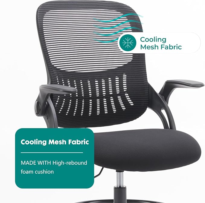 DUMOS Drafting Chair for Standing Desk, Counter Height Adjustable, Flip-up Arms, Ergonomic Mid Back Mesh Rolling Work 360° Swivel Office Computer Chairs with Wheels, for Bedroom Livingroom, Ink
