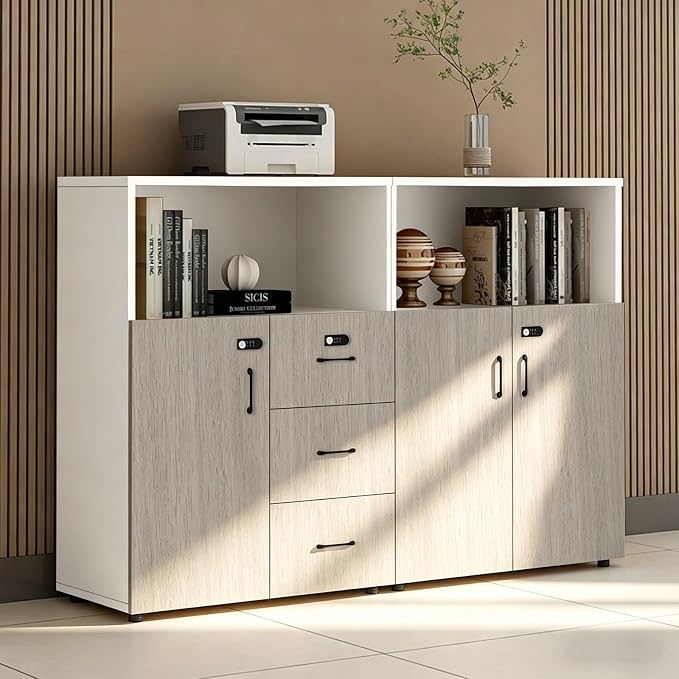 File Cabinet with Password Lock, Wood Lateral Filing Cabinet for Letter/A4 Files, 3 Drawer with Door, Printer Stand with Open Shelves for Home Office